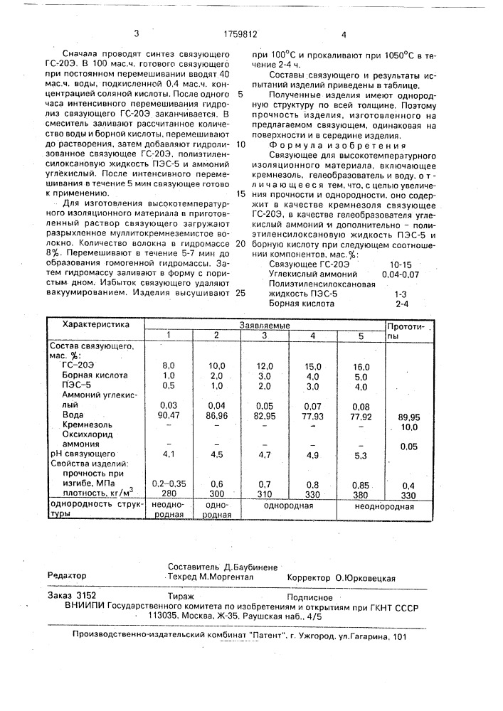 Связующее для высокотемпературного изоляционного материала (патент 1759812)