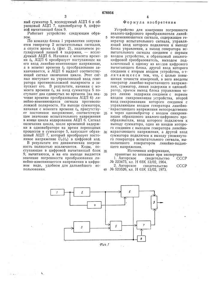 Устройство для измерения погрешности аналого-цифрового преобразователя линейноизменяющегося сигнала (патент 676954)