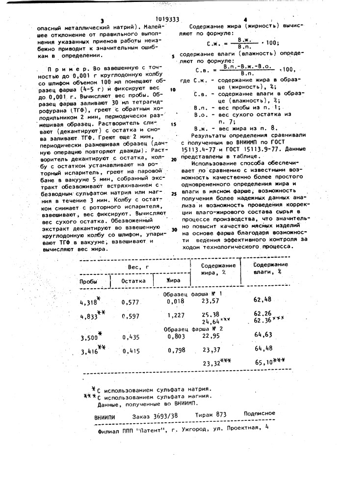 Способ определения жирности и влажности мясного фарша (патент 1019333)