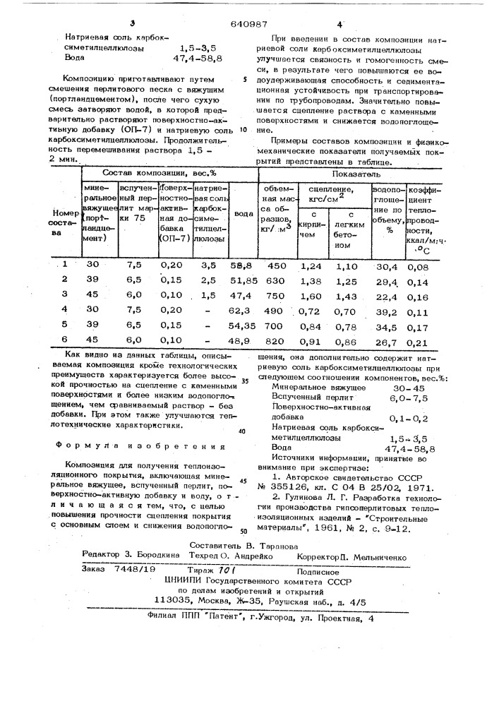 Композиция для получения теплоизоляционного покрытия (патент 640987)