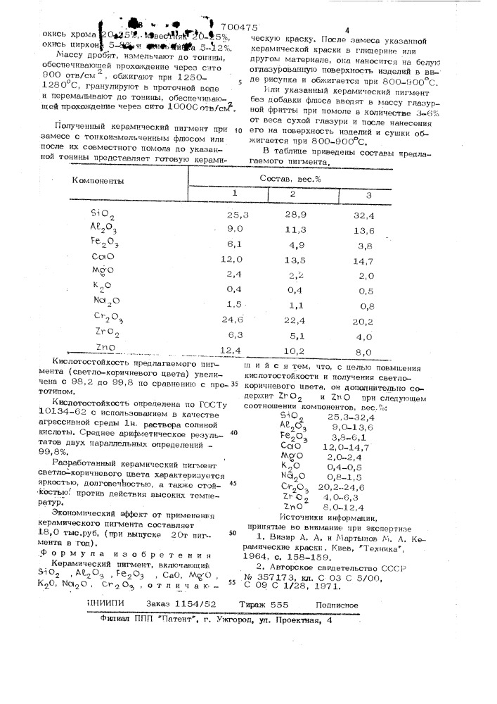 Керамический пигмент (патент 700475)