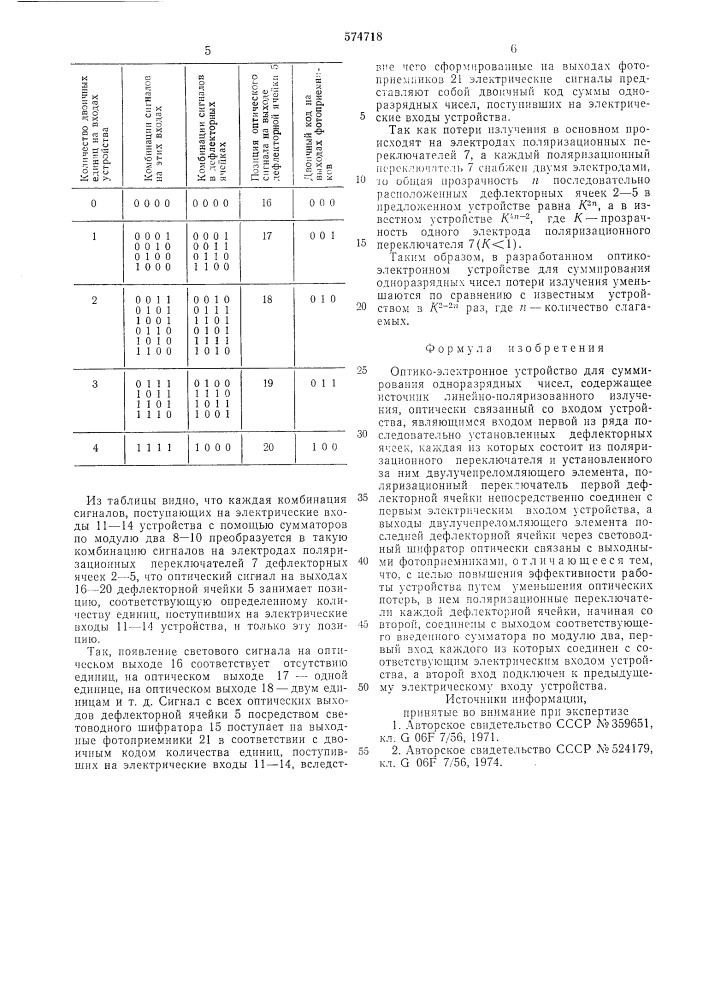 Оптико-электронное устройство для суммирования одноразрядных чисел (патент 574718)