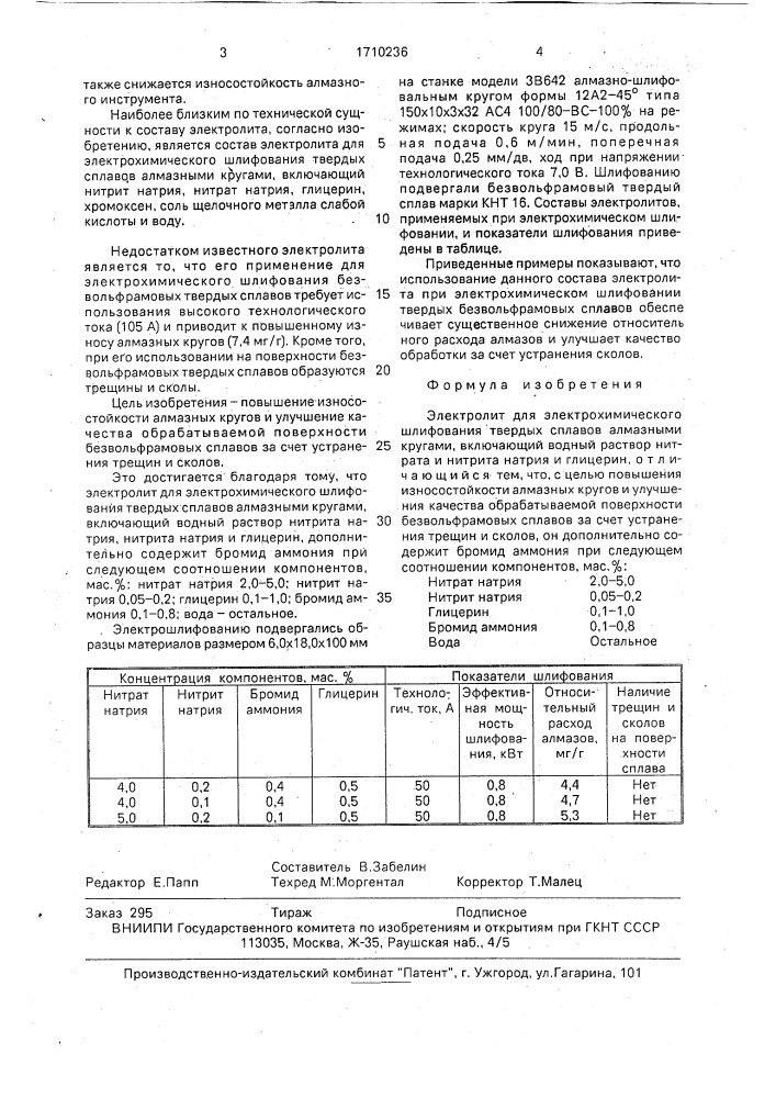 Электролит для электрохимического шлифования твердых сплавов (патент 1710236)