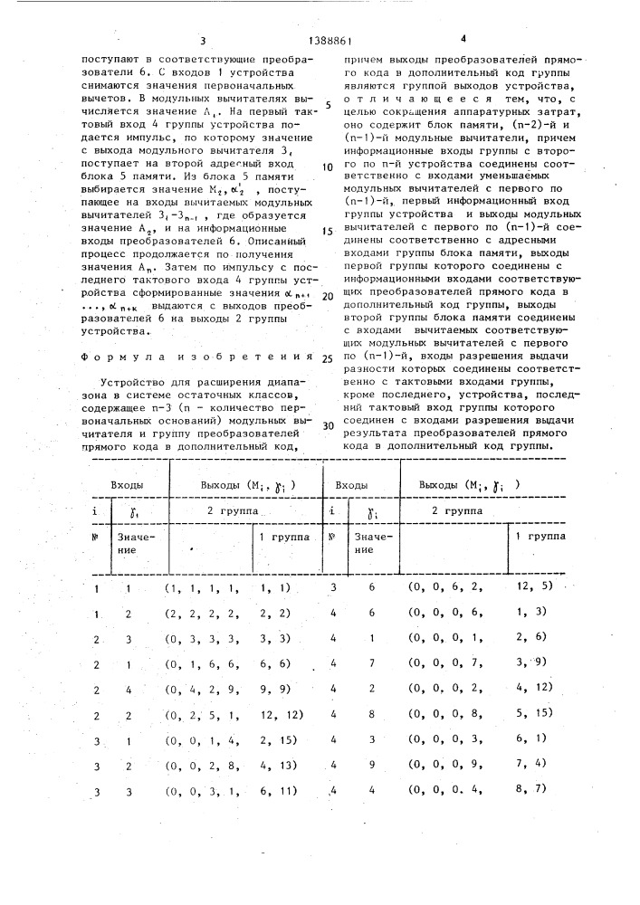 Устройство для расширения диапазона в системе остаточных классов (патент 1388861)