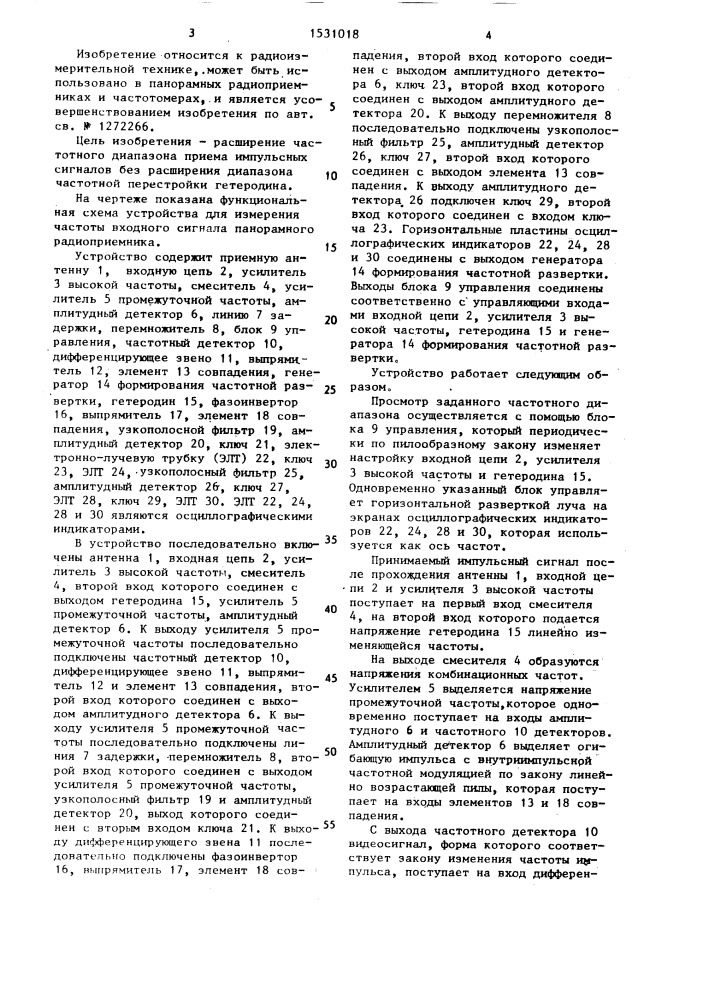 Устройство для измерения частоты входного сигнала панорамного радиоприемника (патент 1531018)