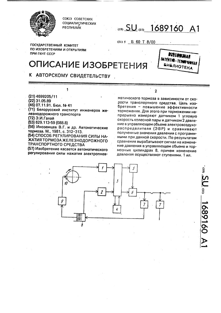 Способ регулирования силы нажатия тормоза железнодорожного транспортного средства (патент 1689160)