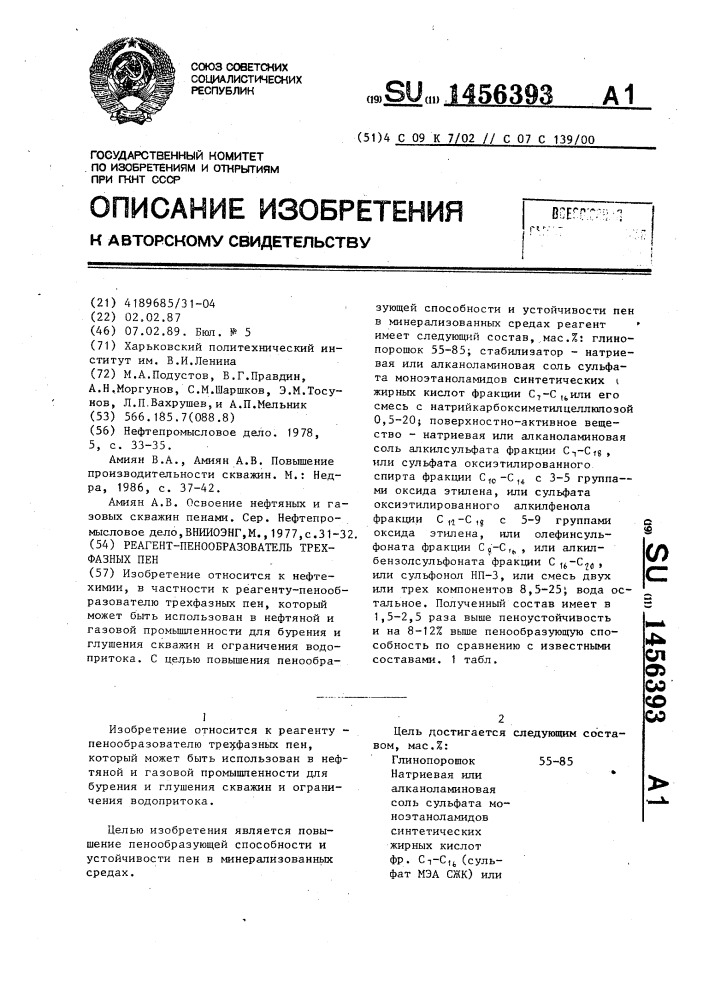 Реагент-пенообразователь трехфазных пен (патент 1456393)