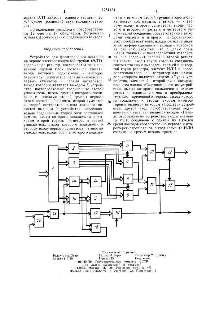 Устройство для формирования векторов на экране электронно- лучевой трубки (патент 1251161)