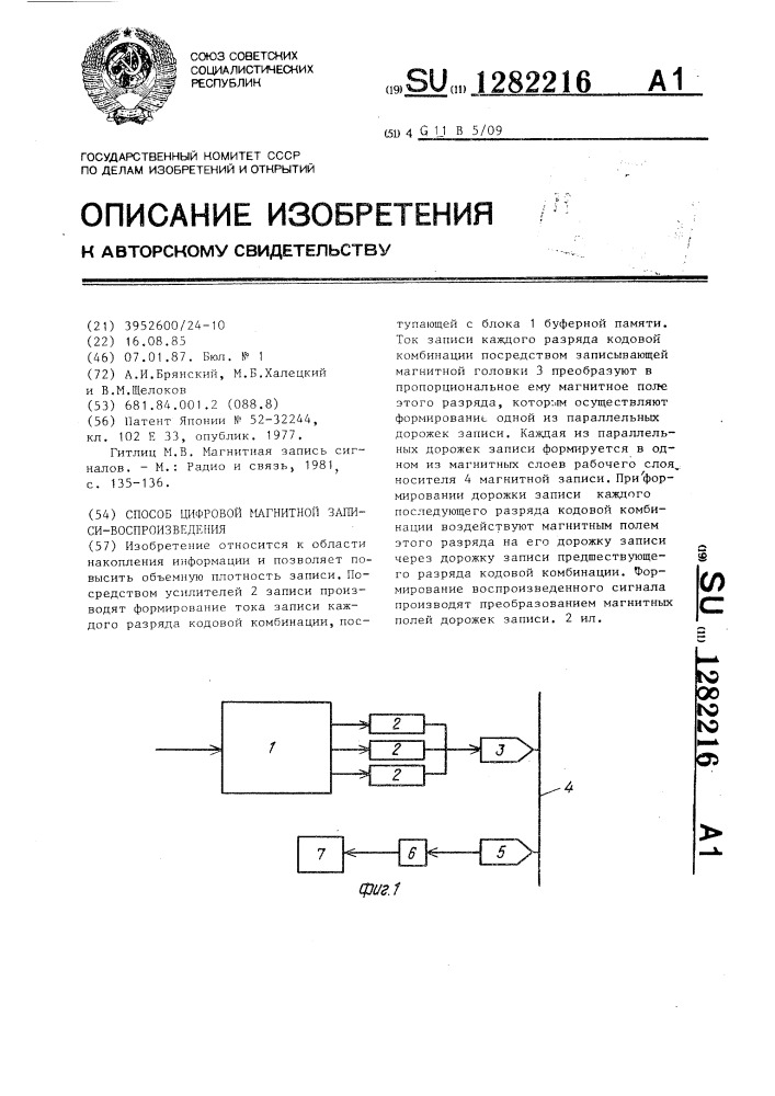 Способ цифровой магнитной записи-воспроизведения (патент 1282216)
