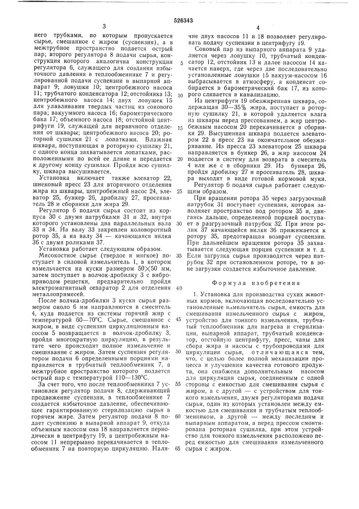 Установка для производства сухих животных кормов (патент 526343)