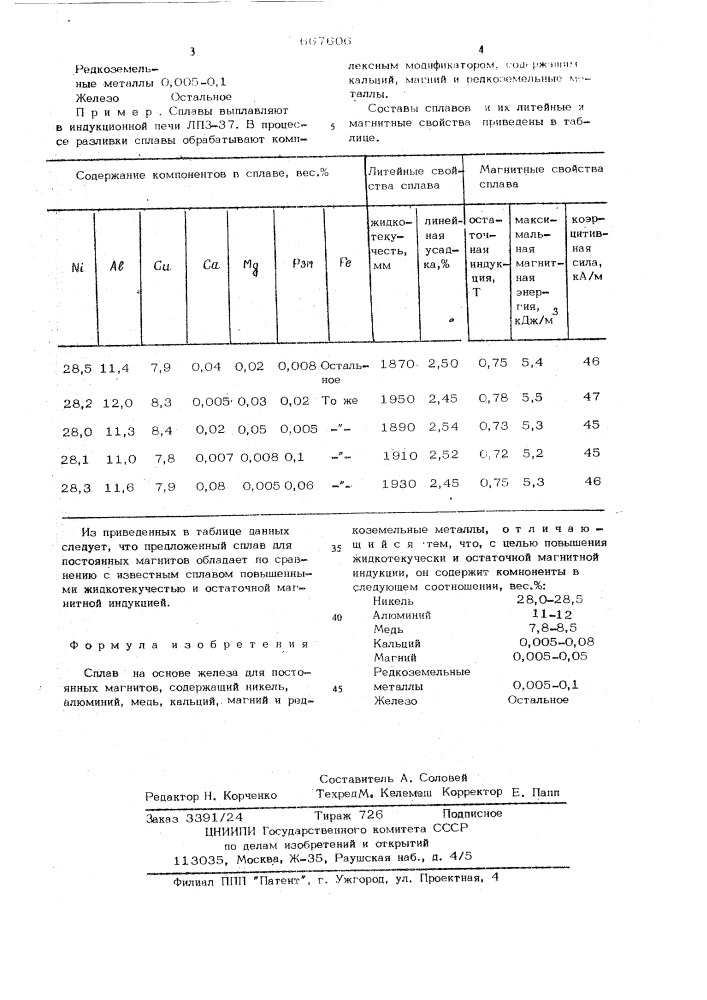 Сплав на основе железа для постоянных магнитов (патент 667606)