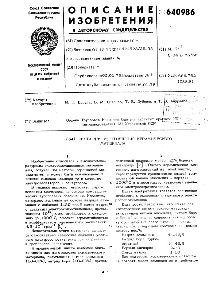 Шихта для изготовления керамического материала (патент 640986)