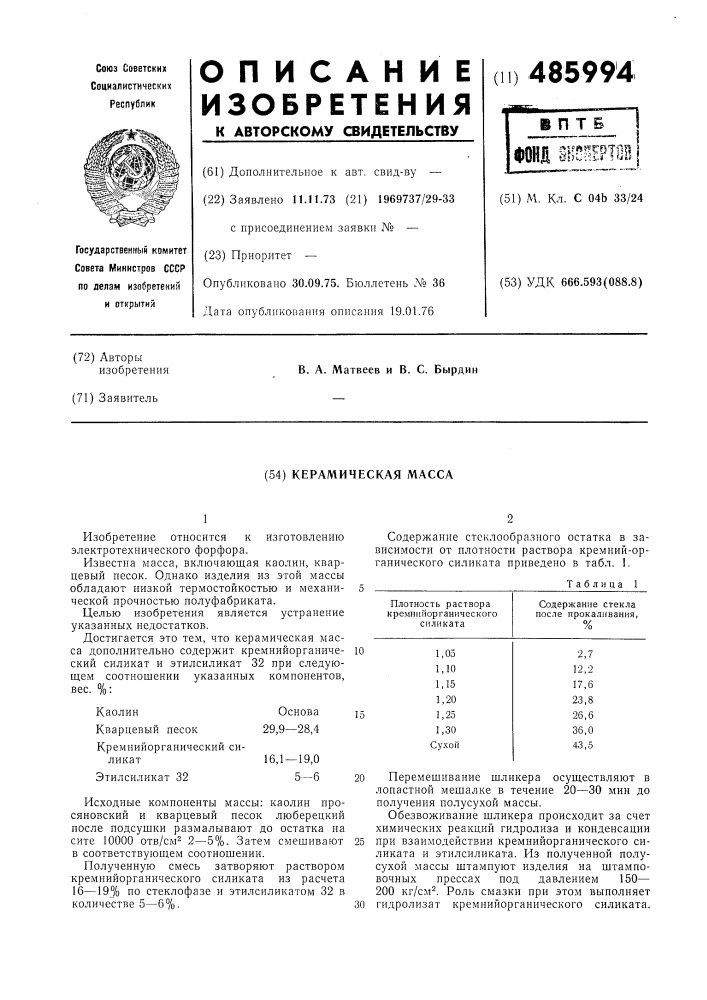 Керамическая масса (патент 485994)