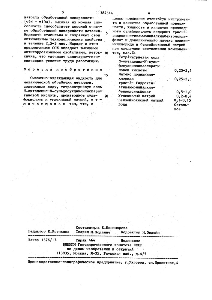 Смазочно-охлаждающая жидкость для механической обработки металлов (патент 1384544)