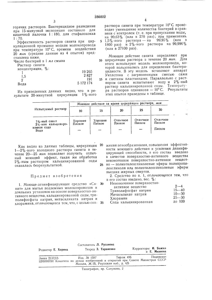 Моюще-дезинфицирующее средство «санит» (патент 386002)