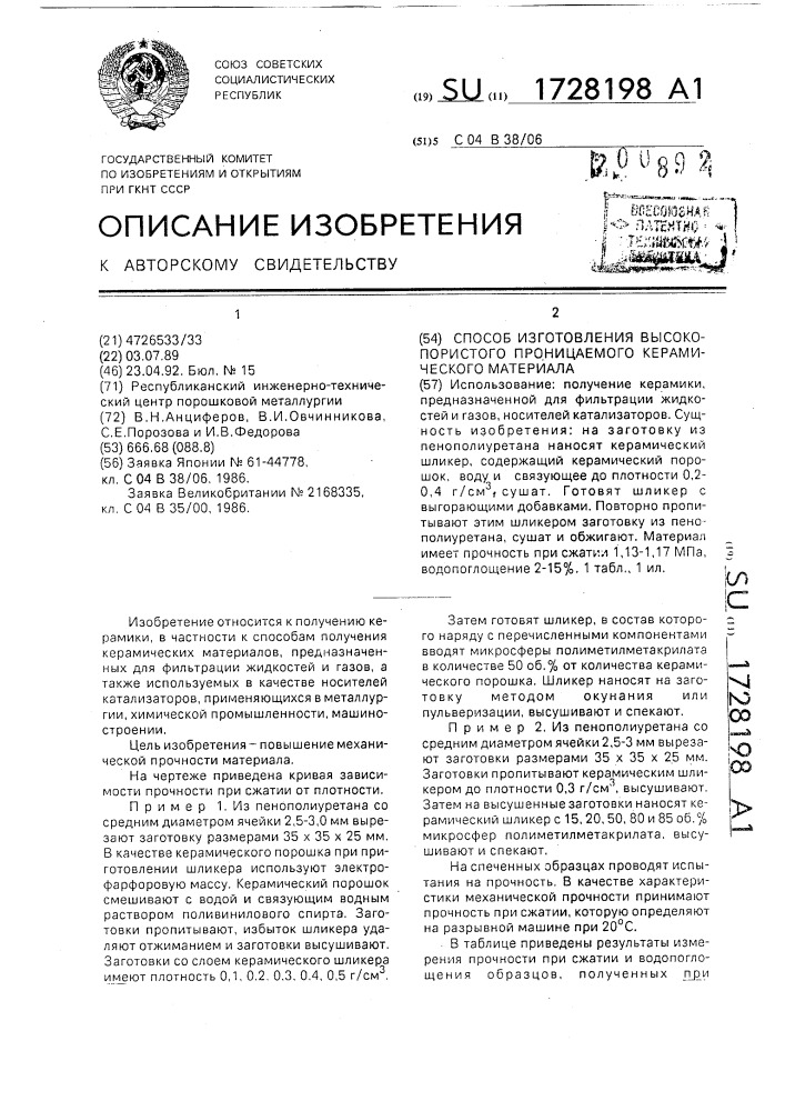 Способ изготовления высокопористого проницаемого керамического материала (патент 1728198)