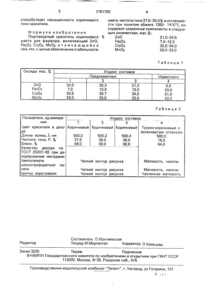 Подглазурный краситель коричневого цвета для фарфора (патент 1761700)