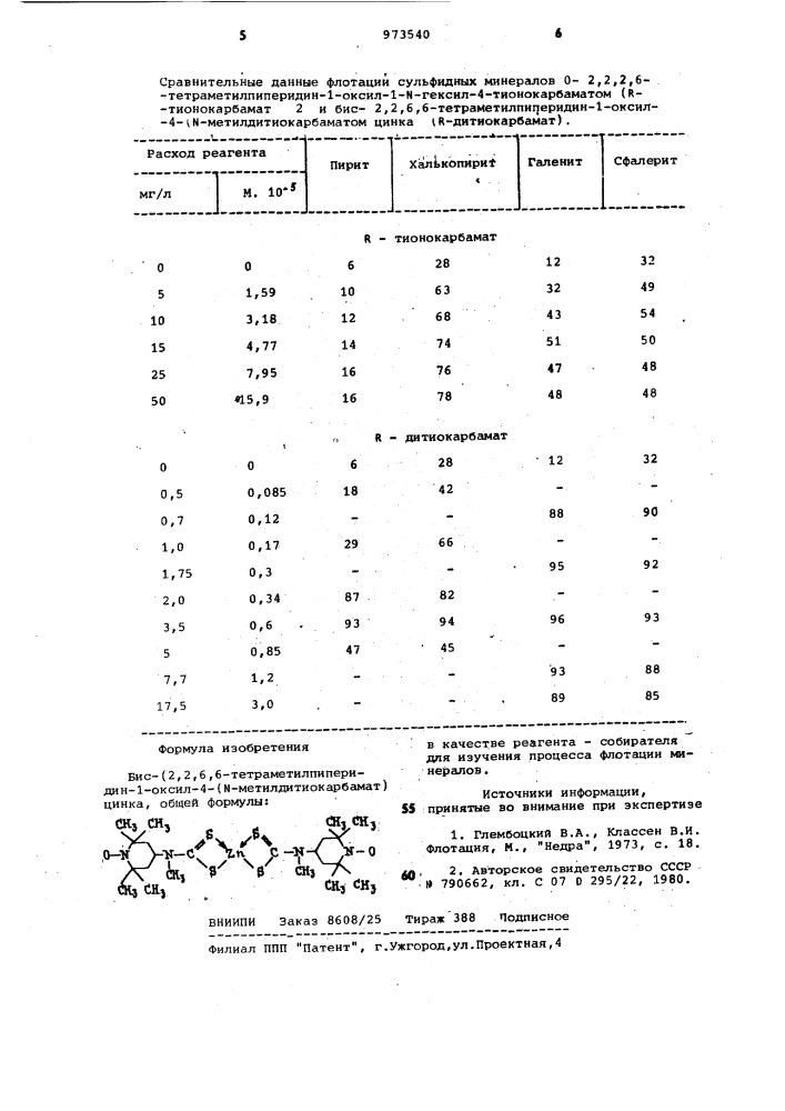 Бис-/2,2,6,6-тетраметилпиперидин-1-оксил-4-(n- метилдитиокарбамат)/цинка,в качестве реагента-собирателя для изучения процесса флотации минералов (патент 973540)