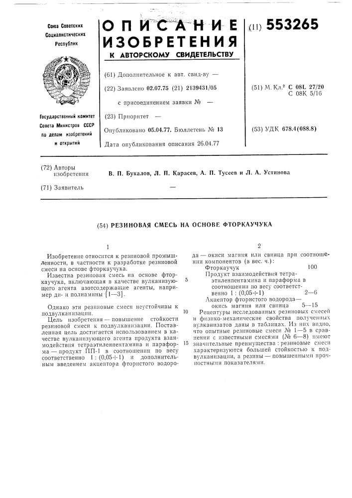 Резиновая смесь на основе фторкаучука (патент 553265)