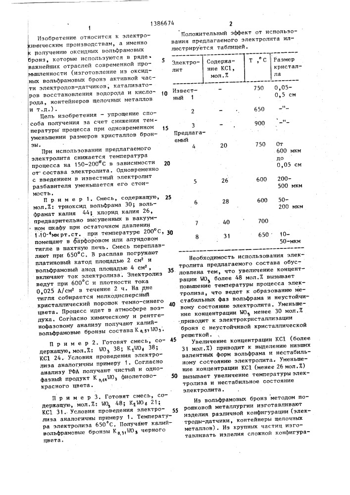 Электролит для получения оксидных калий-вольфрамовых бронз (патент 1386674)