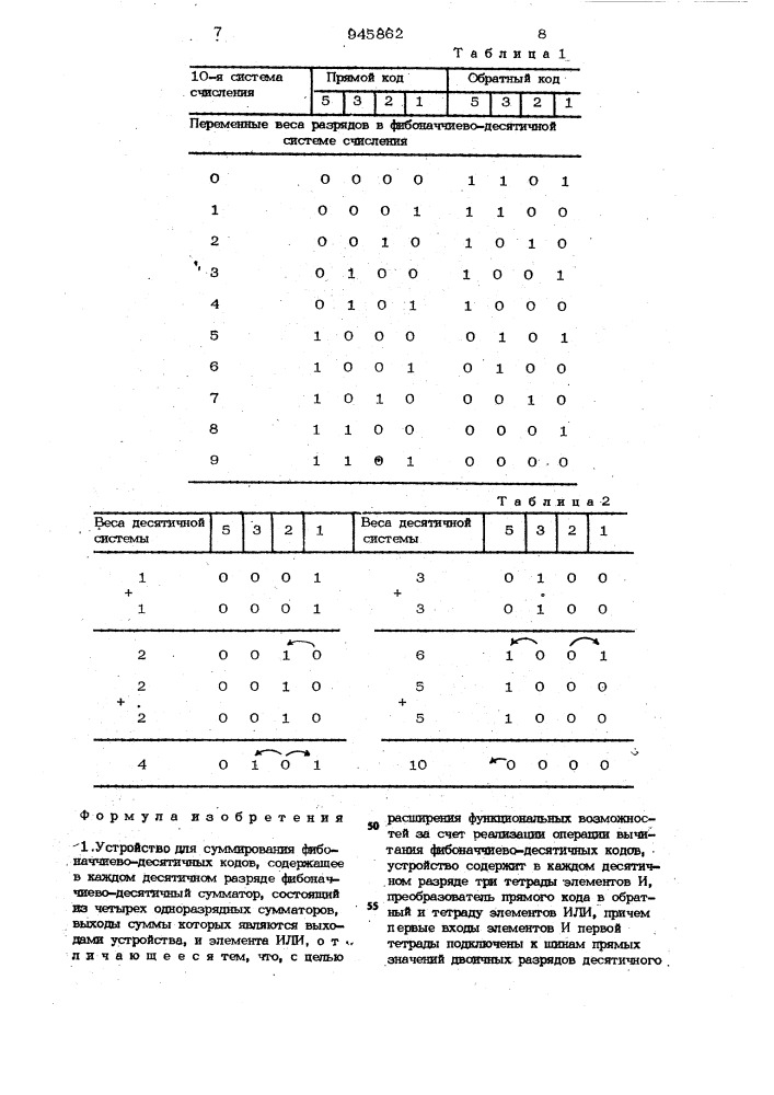 Устройство для суммирования фибоначчиево-десятичных кодов (патент 945862)