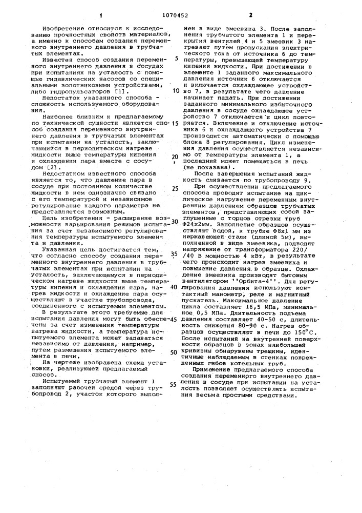 Способ создания переменного внутреннего давления в трубчатых элементах при испытании на усталость (патент 1070452)