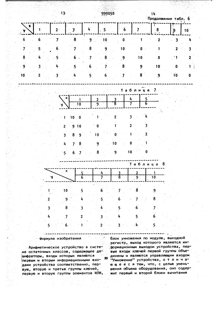 Арифметическое устройство в системе остаточных классов (патент 999050)