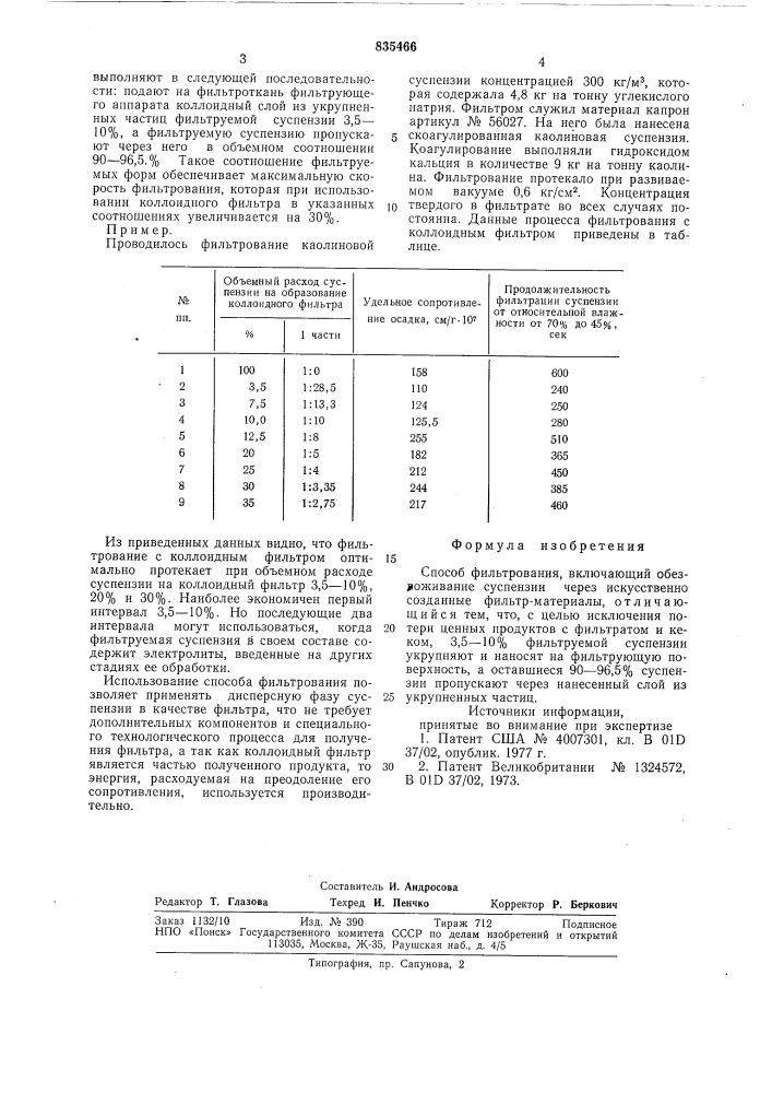 Способ фильтрования (патент 835466)