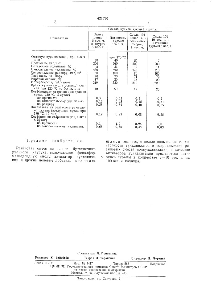 Резиновая смесь (патент 421701)