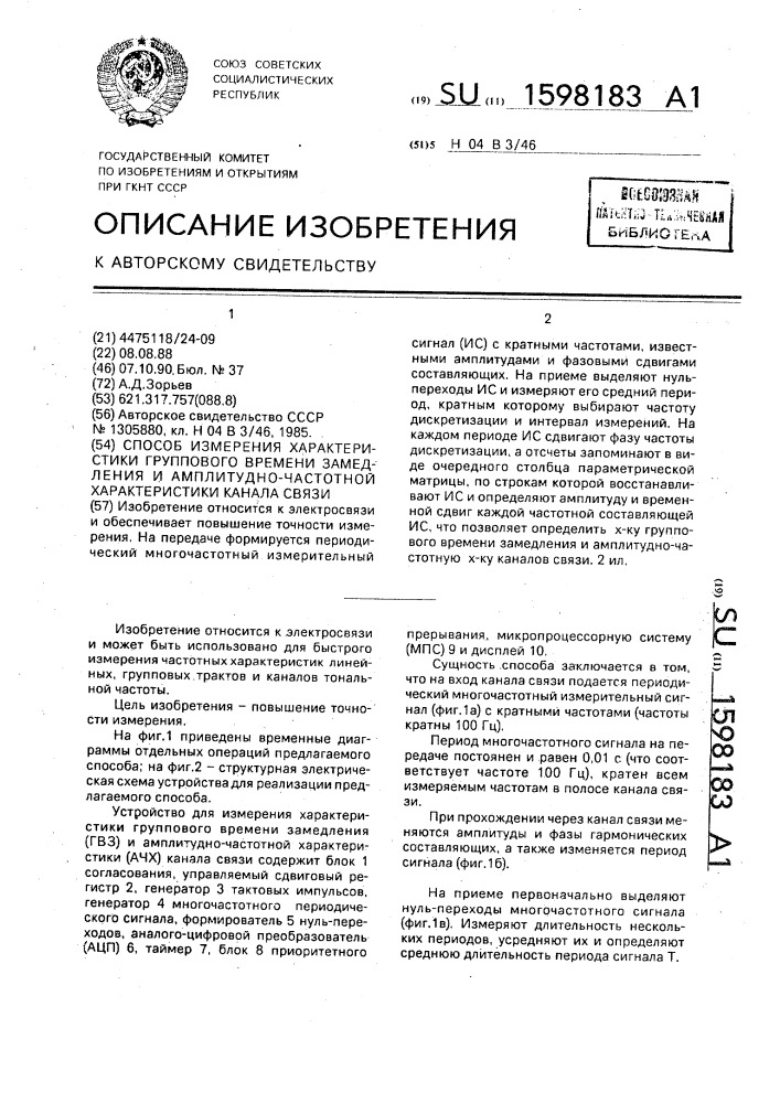 Способ измерения характеристики группового времени замедления и амплитудно-частотной характеристики канала связи (патент 1598183)