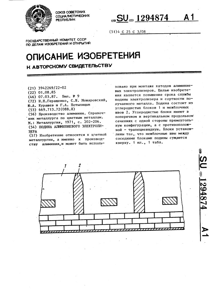 Подина алюминиевого электролизера (патент 1294874)