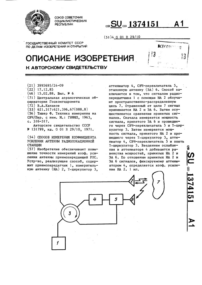 Способ измерения коэффициента усиления антенны радиолокационной станции (патент 1374151)