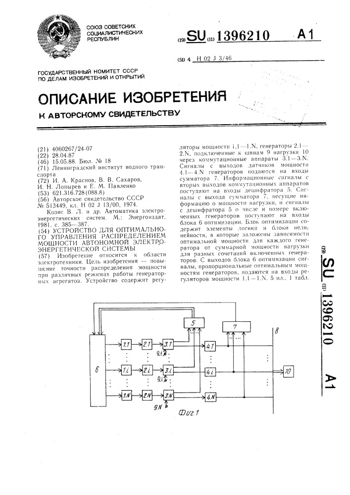 Устройство для оптимального управления распределением мощности автономной электроэнергетической системы (патент 1396210)