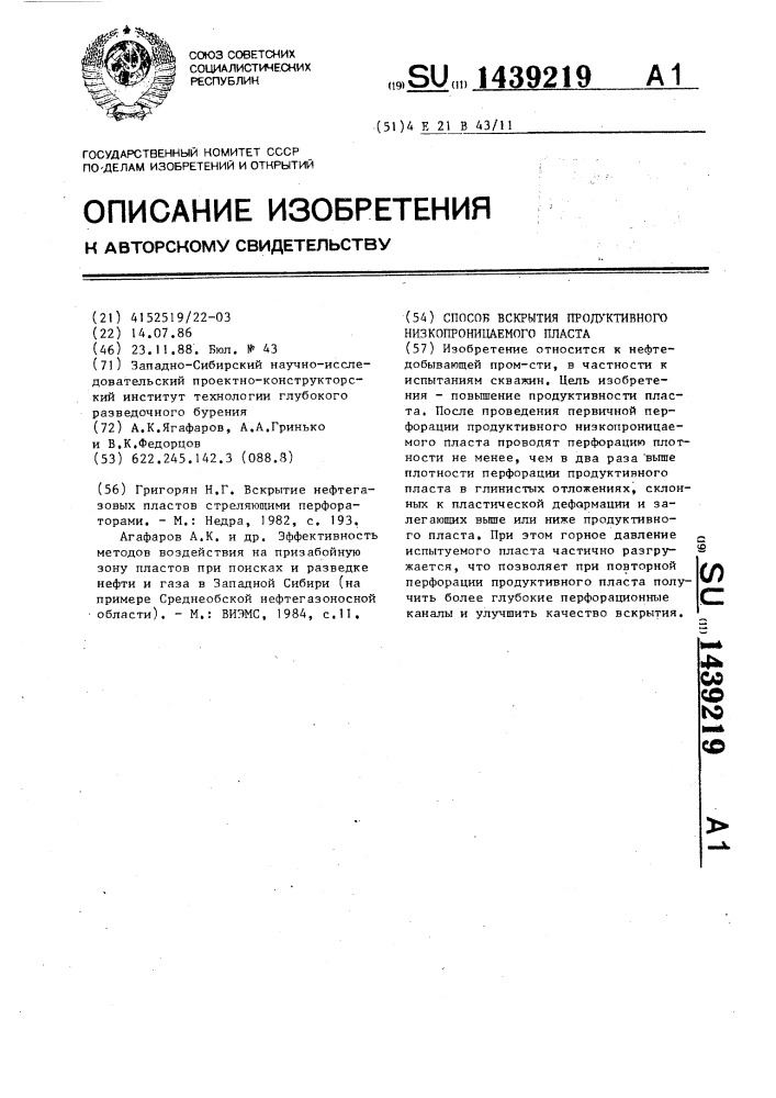 Способ вскрытия продуктивного низкопроницаемого пласта (патент 1439219)