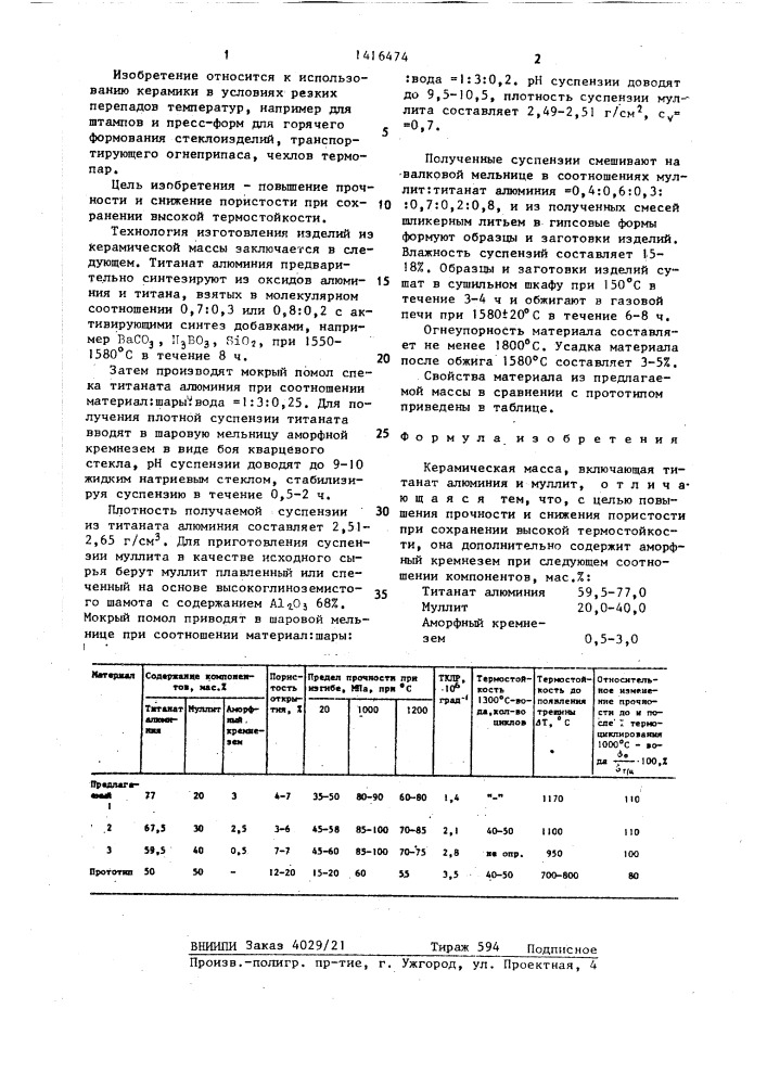 Керамическая масса (патент 1416474)