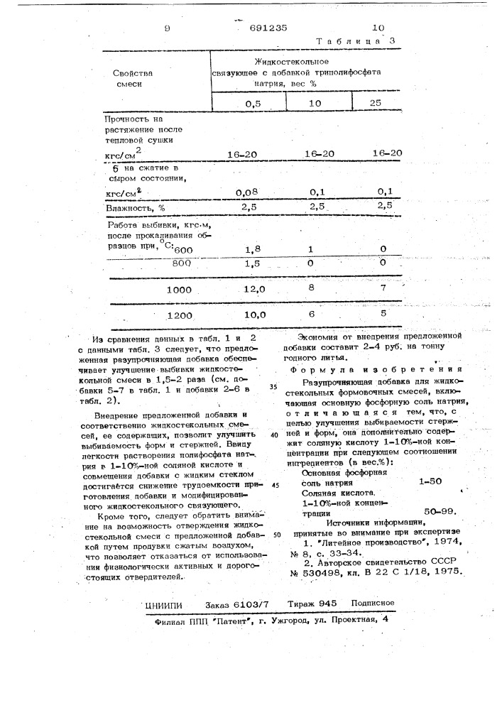 Разупрочняющая добавка для жидкостекольных формовочных смесей (патент 691235)