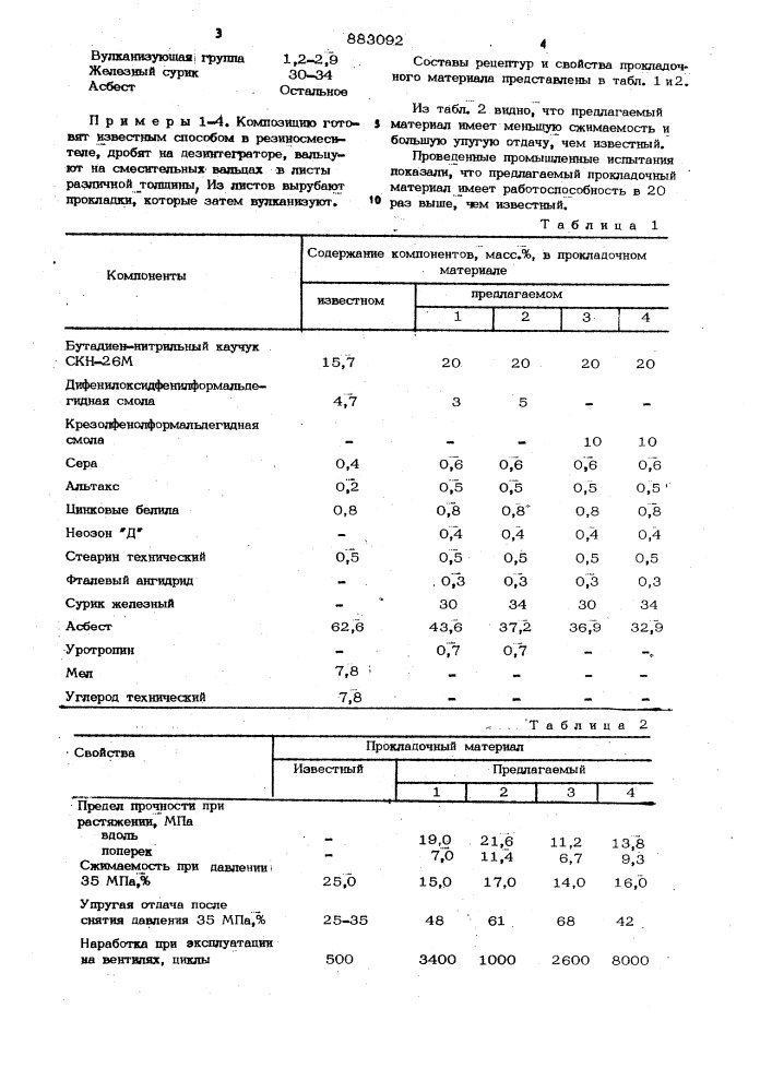 Состав для получения прокладочного материала (патент 883092)