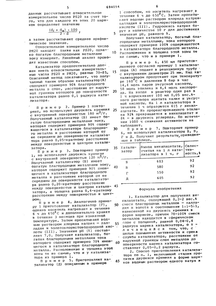 Катализатор для получения винилацетата и способ его приготовления (патент 694054)