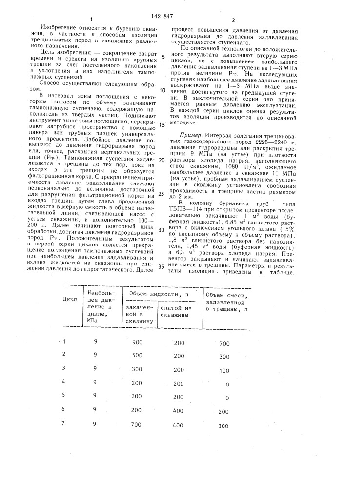 Способ изоляции поглощающих пластов в скважинах (патент 1421847)