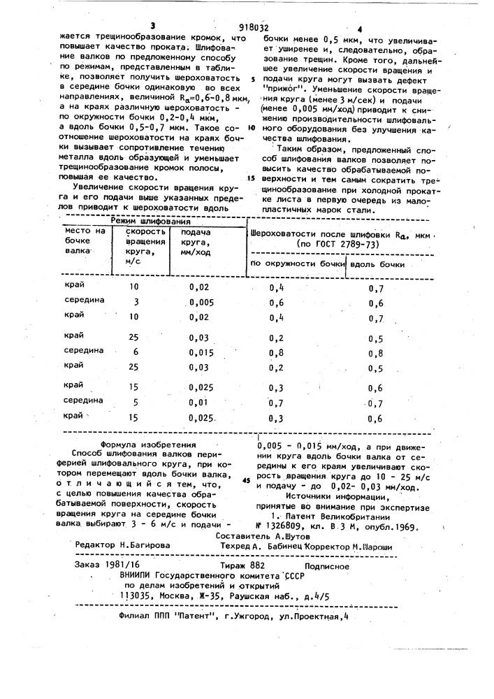 Способ шлифования валков (патент 918032)