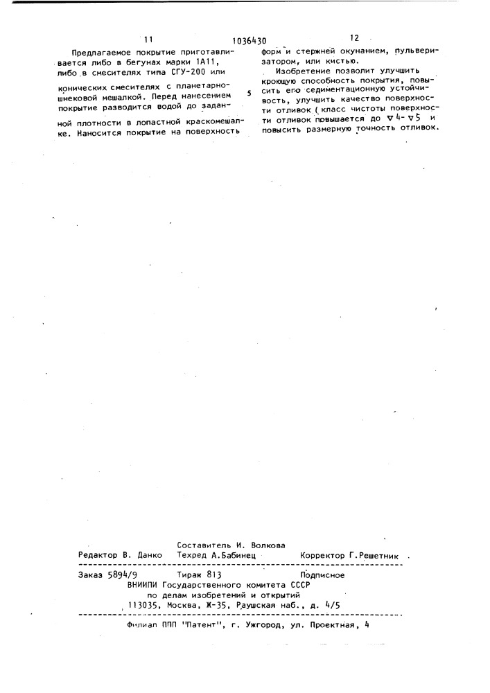 Противопригарное покрытие для литейных форм и стержней (патент 1036430)