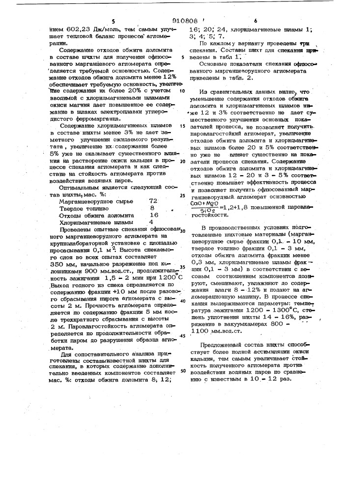 Шихта для производства офлюсованного марганцевого агломерата (патент 910808)