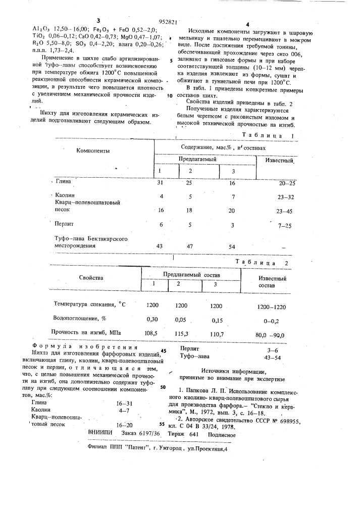 Шихта для изготовления фарфоровых изделий (патент 952821)