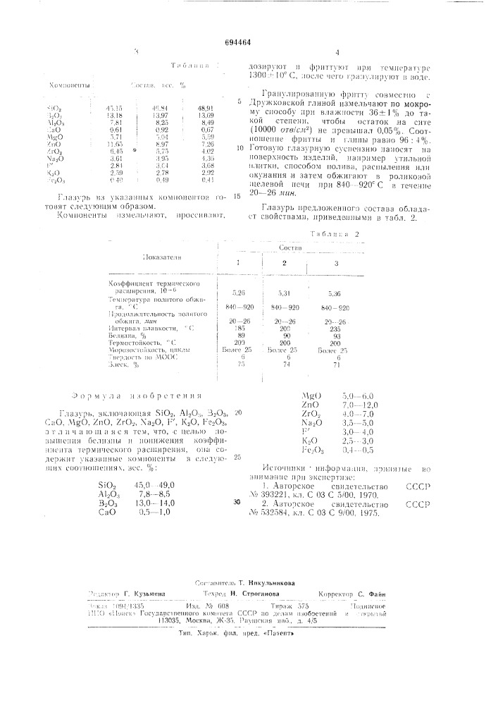 Глазурь (патент 694464)