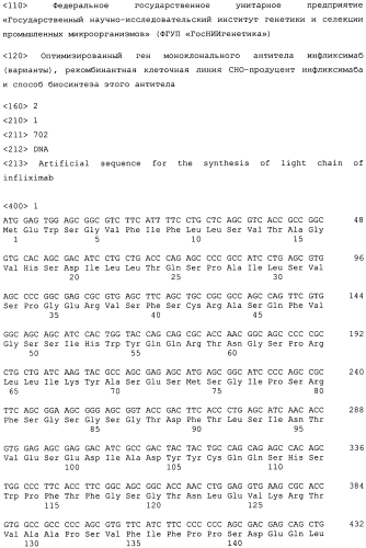 Оптимизированный ген моноклонального антитела инфликсимаб (варианты), рекомбинантная клеточная линия-продуцент этого антитела и способ его биосинтеза (патент 2549692)