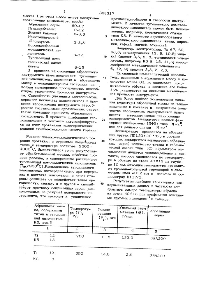 Масса для изготовления абразивного инструмента (патент 863317)