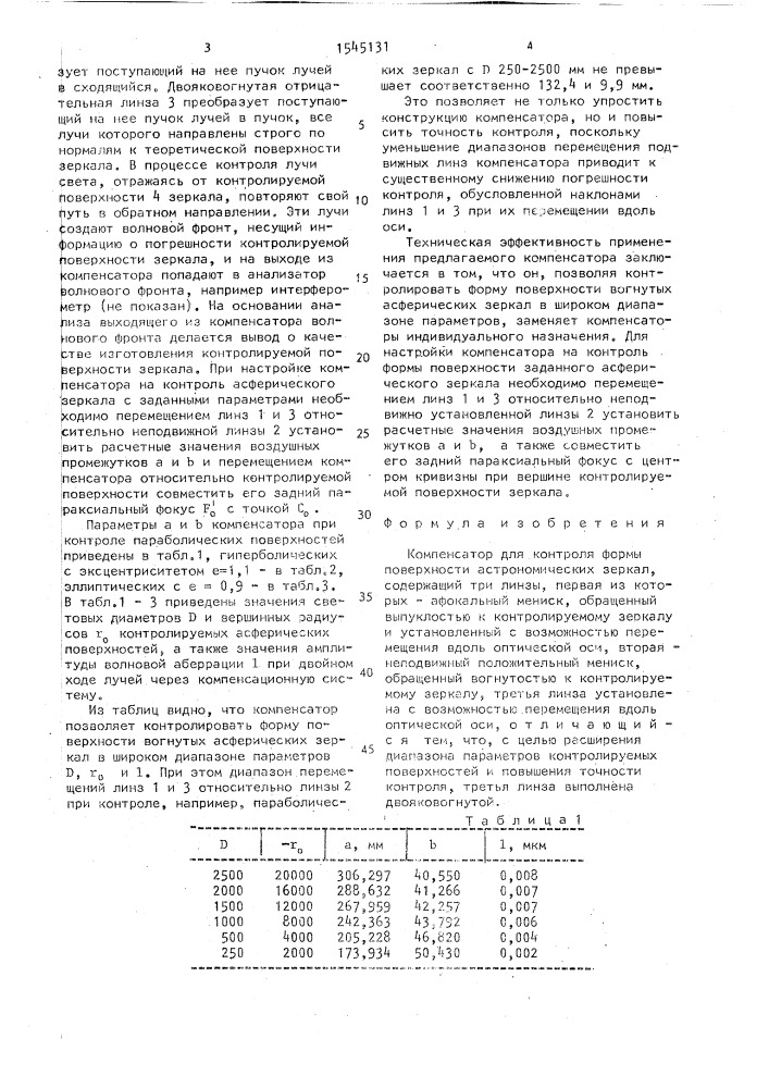 Компенсатор для контроля формы поверхности астрономических зеркал (патент 1545131)