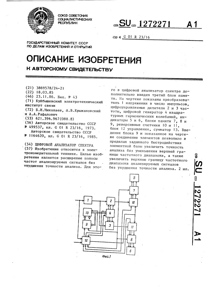 Цифровой анализатор спектра (патент 1272271)