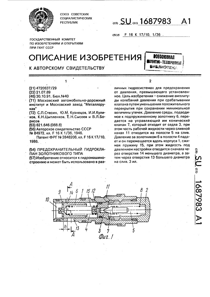 Предохранительный гидроклапан золотникового типа (патент 1687983)