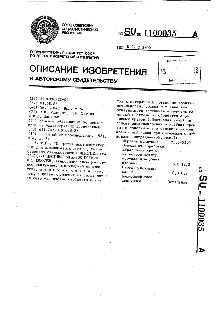 Противопригарное покрытие для кокилей (патент 1100035)